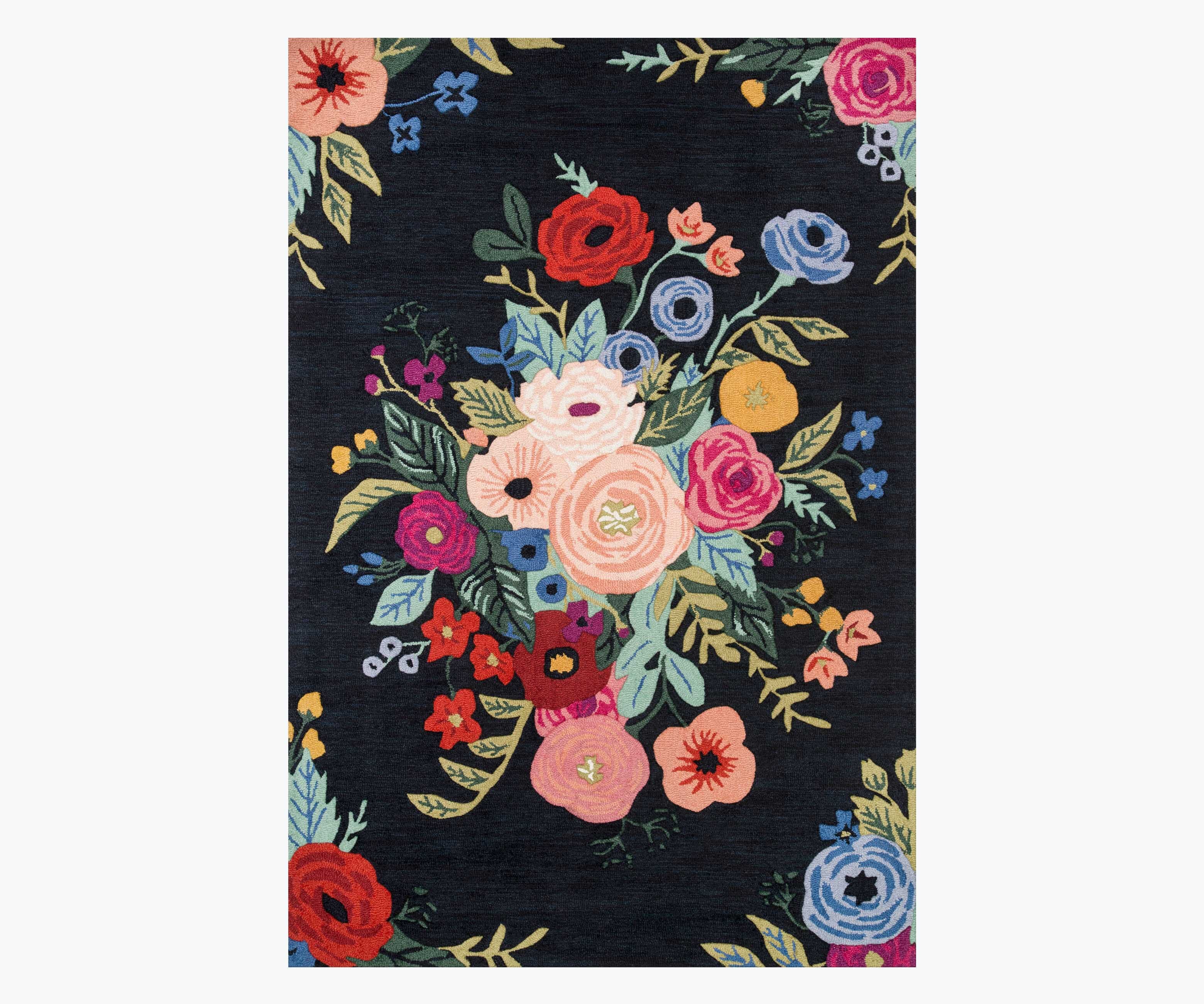 Les Fleurs Juliet Rose Bouquet Black Wool-Hooked Rug | Rifle Paper Co.
